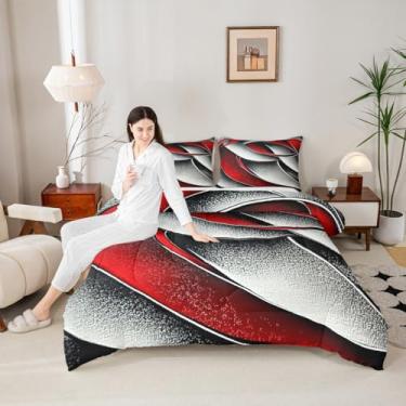 Imagem de Jogo de cama queen geométrico com patchwork geométrico, geométrico, geométrico, geométrico, decoração de quarto de meninas, moda moderna, edredom de arte moderna, vermelho, preto e cinza, 2 fronhas