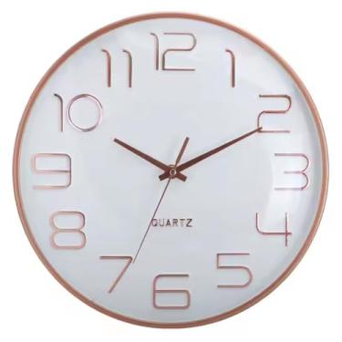 Imagem de Relógio de Parede Silencioso 30cm Números Em Relevo Design Moderno Minimalista Para Academia Sala Escritório Cozinha Recepção Decoração Sofisticada Elegante (ROSE-BRANCO)