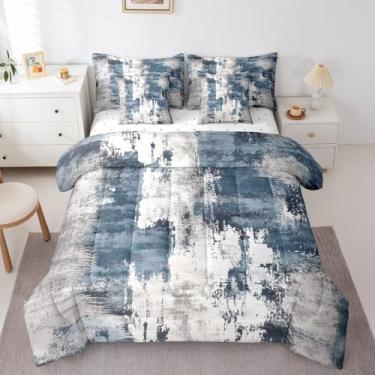 Imagem de Erosebridal Conjunto de cama queen abstrato moderno, 7 peças, arte ombré, minimalista, azul, cinza, pintura a óleo, decoração rústica de grafite