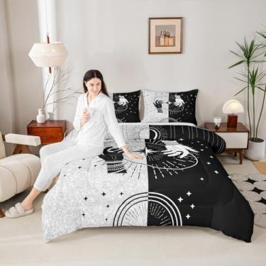 Imagem de Castle Fairy Conjunto de edredom de cama queen boêmio sol e lua, branco e preto, microfibra super macia para meninas, meninos, galáxia estrelada, exótica, estampa à mão, conjunto de colcha decorativa