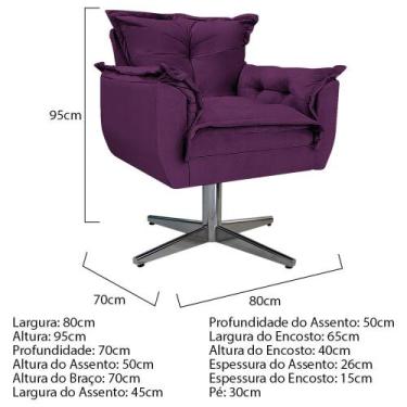 Imagem de Kit 02 Poltronas e Puff Opala Base Giratória de Metal Suede Roxo - KDA
