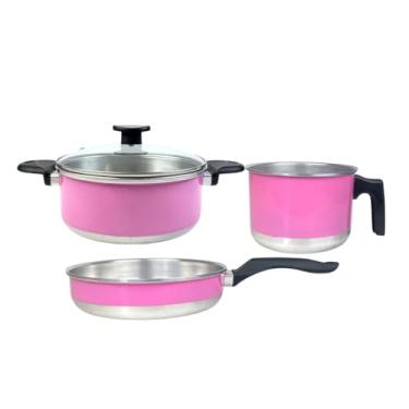 Imagem de Conjunto de 3 Panelas com Frigideira, Fervedor/Leiteira e Caçarola com Tampa de Vidro e Cabo em Baquelite