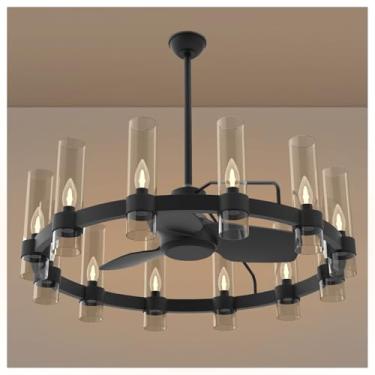 Imagem de AEULYTIR Ventiladores de teto pretos com lustre de roda de vagão de 12 luzes, lustre moderno de fazenda de 96 cm, motor CC reversível silencioso de 6 velocidades, temporizador remoto de 1/2/4H para