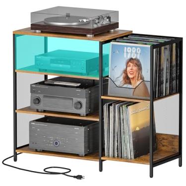 Imagem de Mesa grande com suporte para toca-discos de vinil, estação de carregamento, portas USB e fita de LED, prateleira de armazenamento, armário com suporte para mídia AV estéreo, áudio e vídeo e centro de
