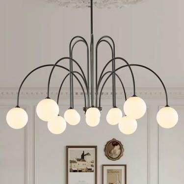 Imagem de CATINER Lustres Sputnik pretos 12 luzes lustre moderno para teto alto grande L52 polegadas meados do século luminária pendente de teto com cortinas de globo de vidro de leite para sala de estar sala