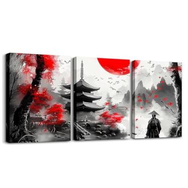 Imagem de jejeloiu Arte de parede em tela samurai para sala de estar quarto samurai japonês imagem de guerreiro decoração de parede para banheiro sol vermelho padrão Hokusai crianças meninos meninas arte