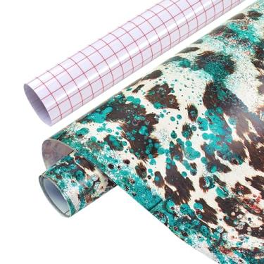 Imagem de Tintnut Rolo de vinil permanente com estampa de vaca rústica - 30,5 cm x 5 pés, couro bovino azul-petróleo marrom e turquesa impressão animal vinil adesivo permanente para máquina de corte