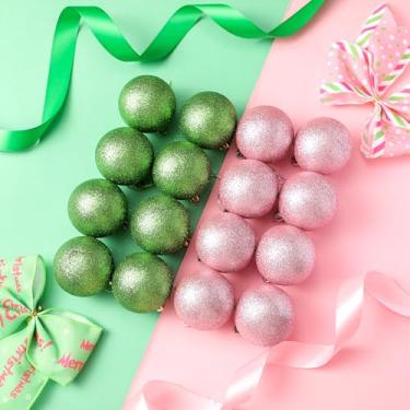 Imagem de Gemscream 24 peças de enfeites de bola de Natal de 6 cm decoração de árvore de Natal com glitter rosa e verde bolas temáticas de bruxa pingentes ornamentos para festas de casamento
