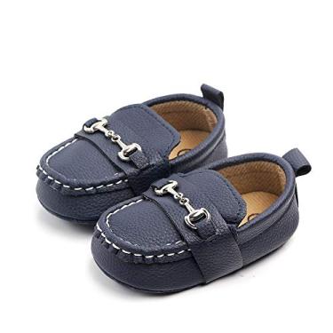 Imagem de CINDEAR Mocassins para bebês meninos e meninas, lindos sapatos de berço recém-nascidos, tênis pré-walkerPU, perfeitos para batismo, engatinhos/casamento de 0 a 18 meses, 1211-Azul escuro, 12-18 Months Narrow Infant