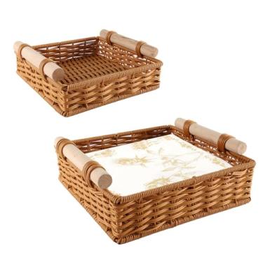 Imagem de Yomjarl Pacote com 2 porta-guardanapos para mesa, cesta de guardanapo de papel quadrada com alça de madeira, caixa de guardanapos de coquetel de fazenda de vime, suporte de toalha de hóspede tecido