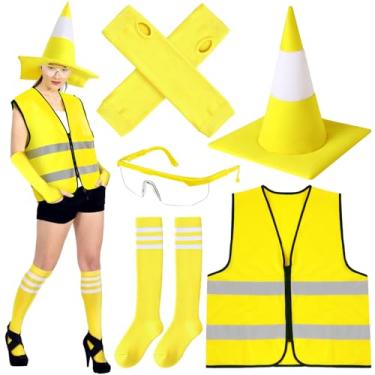 Imagem de Newcotte 5 peças de fantasia de cone de trânsito, chapéu de cone de trânsito amarelo, colete refletivo de visibilidade com luva meia e óculos para homens e mulheres, acessório de festa cosplay