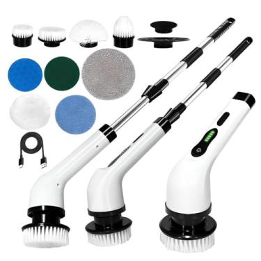 Imagem de Esfregão Elétrico Giratório 9 em 1 Recarregável sem Fio - Esfregão de Limpeza Elétrico com Cabo Ajustável, Escovas para Limpeza Pesada de Banheiros, Pisos, Azulejos, Carros, Cozinhas.