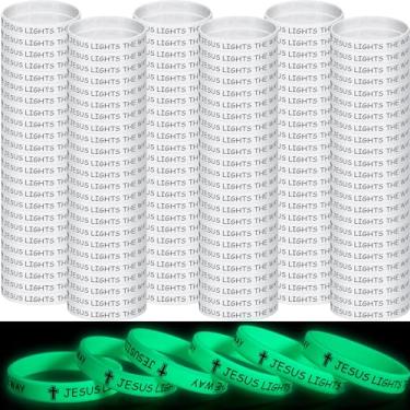 Imagem de Tondiamo 240 peças pulseiras cristãs que brilham no escuro a granel, pulseiras Jesus ilumina o caminho, pulseiras luminosas de silicone, presente cristão para missionários religiosos igreja sorteio