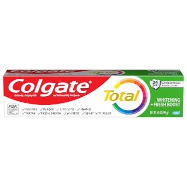 Imagem de Colgate Total Whitening + Gel de creme dental Fresh Boost, 10 benefícios, sem trocas, ajuda a combater bactérias, refresca o hálito, clareia os dentes e oferece alívio da sensibilidade, sabor menta, 1