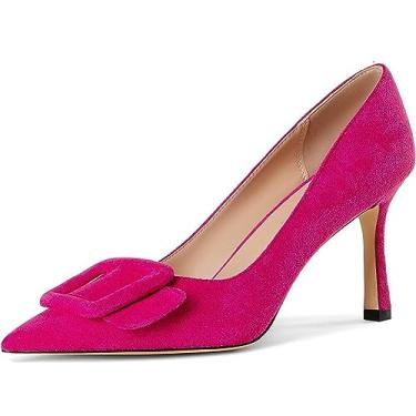 Imagem de Divanne Sapatos de salto alto, salto alto, fivela, camurça, bico fino, sem cadarço, para vestido de festa, Camurça rosa choque, 35