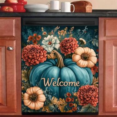 Imagem de Decalque magnético para painel de lava-louças azul abóbora, flores do país, capa de porta de máquina de lavar louça, adesivo magnético, capa magnética de 58,4 cm L x 66 cm A