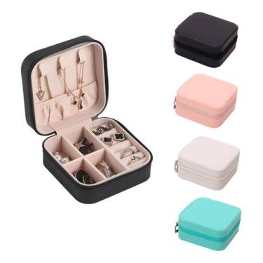 Imagem de Porta Jóias Portátil Organizador Viagem Estojo Maleta Caixa Couro Zípe