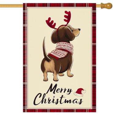 Imagem de BlissYard Feliz Natal bandeira de jardim bonito filhote de cachorro chifres de rena bandeiras 71 x 101 cm dupla face bem-vindo bandeiras de quintal grande para amantes de cães varanda casa ao ar livre