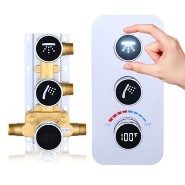 Imagem de Kit de válvula de chuveiro de latão áspero e acabamento com ícones de LED e exibição de temperatura, kit de válvula de mistura de desvio de chuveiro bidirecional, cromado
