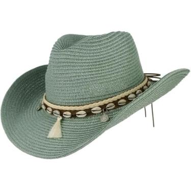 Imagem de Shell Tassels Cowgirl Verão Chapéu Chapéu De Palha Para Mulheres Homens Ocidental Cowboy Chapéu Senhora Na Moda Tecido Sol Chapéu Praia Cap, Green, One Size