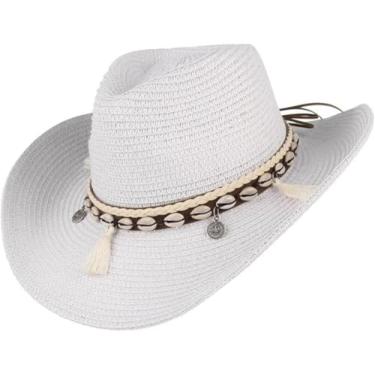 Imagem de Shell Tassels Cowgirl Verão Chapéu Chapéu De Palha Para Mulheres Homens Ocidental Cowboy Chapéu Senhora Na Moda Tecido Sol Chapéu Praia Cap, White, One Size