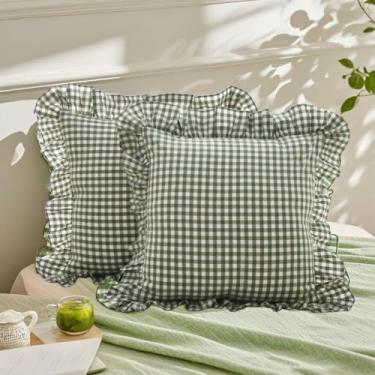 Imagem de zhobeor Capas de almofada 100% algodão verde sálvia guingão pacote com 20 x 20-2 fronhas xadrez com babados, capas de almofada quadriculadas para decoração de sofá e sala de estar