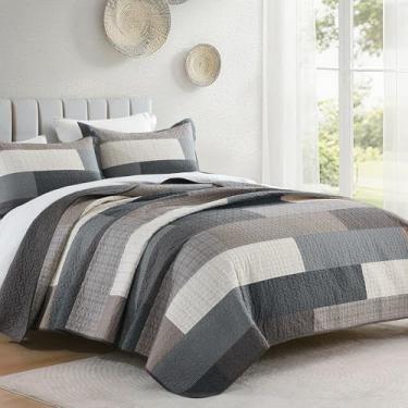 Imagem de FineStichery Conjunto de colcha king 100% algodão, colcha king size com fronhas, xadrez de patchwork de fazenda, leve, macio, conjunto de cama com edredom acolchoado, carvão/marrom/cinza