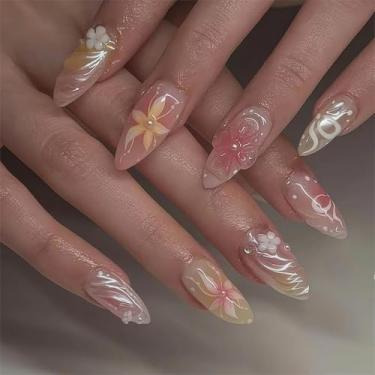 Imagem de RTKHFZE Unhas de amêndoa com design de casaco curto 3D, flores de acrílico falso, unhas de cobertura completa outono/inverno para mulheres/formaturas/festas/feriados (nude)