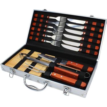 Imagem de Kit Churrasco 17 Peças Gourmet Garfo E Faca Madeira E Maleta