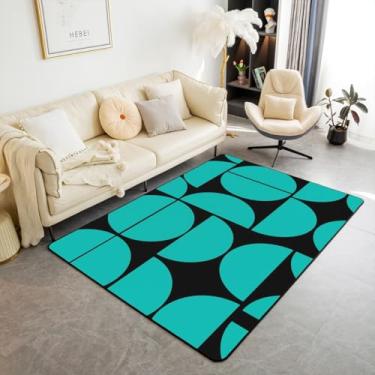 Imagem de Erosebridal Tapete preto e azul-petróleo tapete de sala de estar de meados do século 12 x 18, tapete decorativo geométrico abstrato moderno turquesa boho arte tapete interior