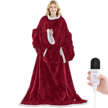 Imagem de Cobertor elétrico usável com bolso para os pés e mangas, cobertor aquecido, cobertores elétricos aconchegados, configuração de 6 níveis de aquecimento e desligamento automático de 4 horas, lavável na