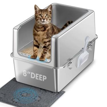 Imagem de Aothey Caixa de areia de aço inoxidável com tampa e colher de metal – Caixa de areia de metal fechada para gatos grandes, resistente à ferrugem, controle de odor, fácil de limpar, durável e de longa