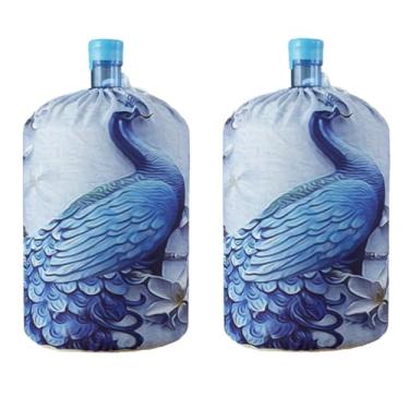 Imagem de Alunsito Tampa de garrafa de água de 14 litros, 2 peças de tampas de poeira de barril de dispensador de água reutilizáveis, manga protetora de balde com estampa de pavão com cordão para escritório em