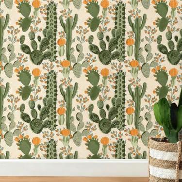 Imagem de Wallink Papel de parede de cacto verde 43 cm × 601 cm, papel de parede autoadesivo, à prova d'água, moderno, planta, deserto, cacto, verde, papel de contato bege, impermeável, para banheiro, sala de