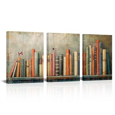 Imagem de AoArtWZ Arte de parede em tela de livros vintage 3 peças gráfico de barras rústicas impressões curvas imagens sala de estudo decoração de parede arte emoldurada 30,5 x 40,6 cm x 3 peças