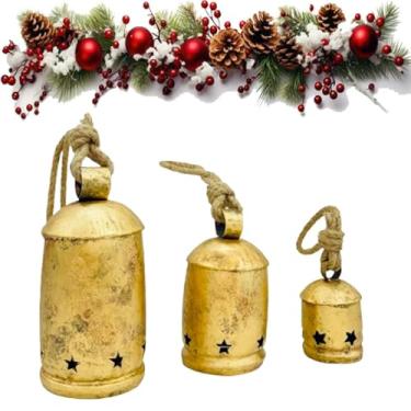 Imagem de Sinos dourados de metal para pendurar no Natal, decoração vintage com corda de juta, sino decorativo de vaca, ideal para casamento, Natal (conjunto de 3 tambores de estrela)