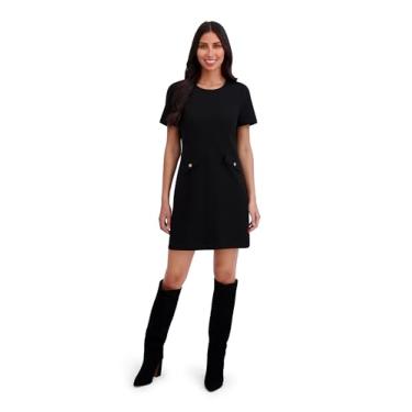 Imagem de London Times Vestidos femininos casuais de manga curta e gola redonda para escritório, Preto, G