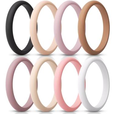 Imagem de ThunderFit Anel feminino fino e empilhável de silicone, alianças de casamento de silicone, 2,5 mm de largura e 2 mm de espessura, pacote variado 1-12, 7.5 - 8 (18.2mm), Silicone, Sem pedra preciosa
