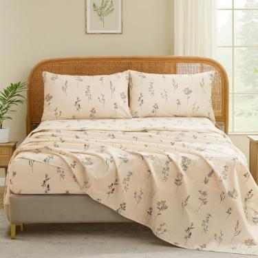 Imagem de Cozaline Jogo de lençol Queen com estampa floral creme, 100% algodão, 4 peças, tecido percal macio e respirável, bolso profundo 44,5 cm, sensação fresca, durável, lençol de cama floral fofo perfeito