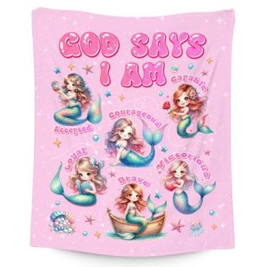 Imagem de COOPASIA Cobertor de sereia para meninas, presente infantil God Says I Am Gift, fofo de lã felpuda para sofá e cadeira, decorações de festa de sereia de 101,6 cm x 127 cm