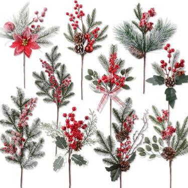 Imagem de Glitinsel 10 galhos artificiais de baga de Natal de tamanho grande, palitos artificiais de árvore de Natal de 30 a 76 cm com folhas de pinhas para enchimento de árvore de Natal, arranjos florais de