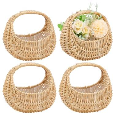 Imagem de FREEBLOSS 4 cestos de vime para meninas de flores com alça e forro impermeável, cestas de vime pequenas para flores, confetes de casamento, 17,8 x 12,7 x 18,3 cm