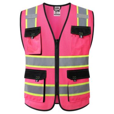 Imagem de Colete de segurança JKSafety de malha reflexiva de néon com bolsos ros