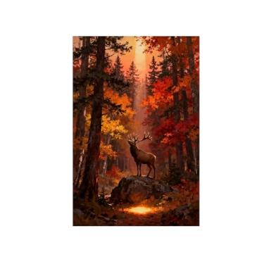 Imagem de Quadro parede outono-Árvore floresta veado ao sol Impressões em tela paisagens-Pintura animais para sala estar decoração fazenda 20x30cm Sem Moldura