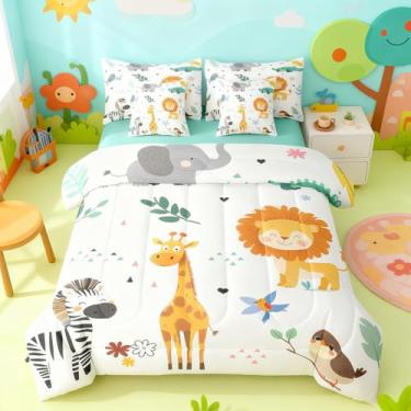Imagem de Conjunto de edredom completo de animais selvagens fofos com lençóis, girafa leão, zebra, 7 peças, cama em uma bolsa, adorável zoológico com flores de animanl (edredom + lençol de cima + 2 fronhas + 2