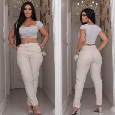 Imagem de Calça Reta skinny Linho Feminina Cintura Alta Com bolso na frente e zi