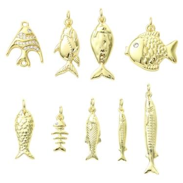 Imagem de UR URLIFEHALL 9 peças 9 estilos pingentes de peixe de latão oceano dourado com anel de salto para pulseira faça você mesmo, colar, brincos, fabricação de joias