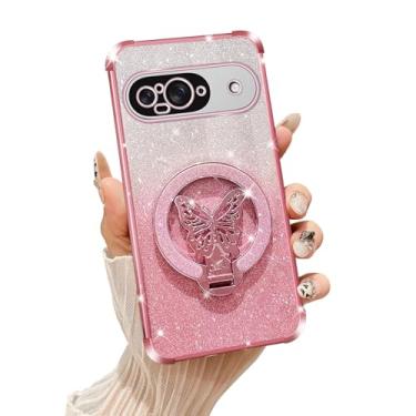 Imagem de Tesazxcn Capa de celular para Google Pixel 9 [compatível com Magsafe] com suporte de borboleta e cordão macio TPU brilhante transparente à prova de choque capa para Google Pixel 9, ouro rosa