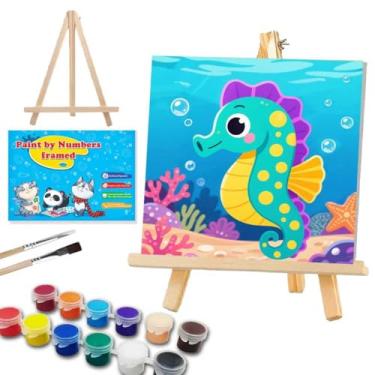 Imagem de WEMEON Kit de pintura por números para crianças de 4 a 8 a 12 anos com moldura, cavalo marinho, pintura por números, pintura emoldurada por números para conjunto de pintura infantil (25 x 25 cm)