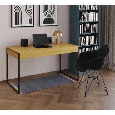 Imagem de Escrivaninha Industrial Office Estudo Malta Canela 137X53Cm Com 1 Poltrona Preta Base F Marrom